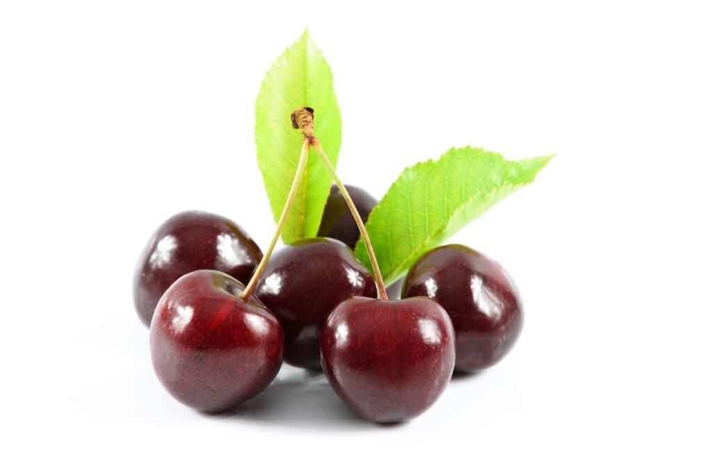 A bunch of cherries with stems and leaves