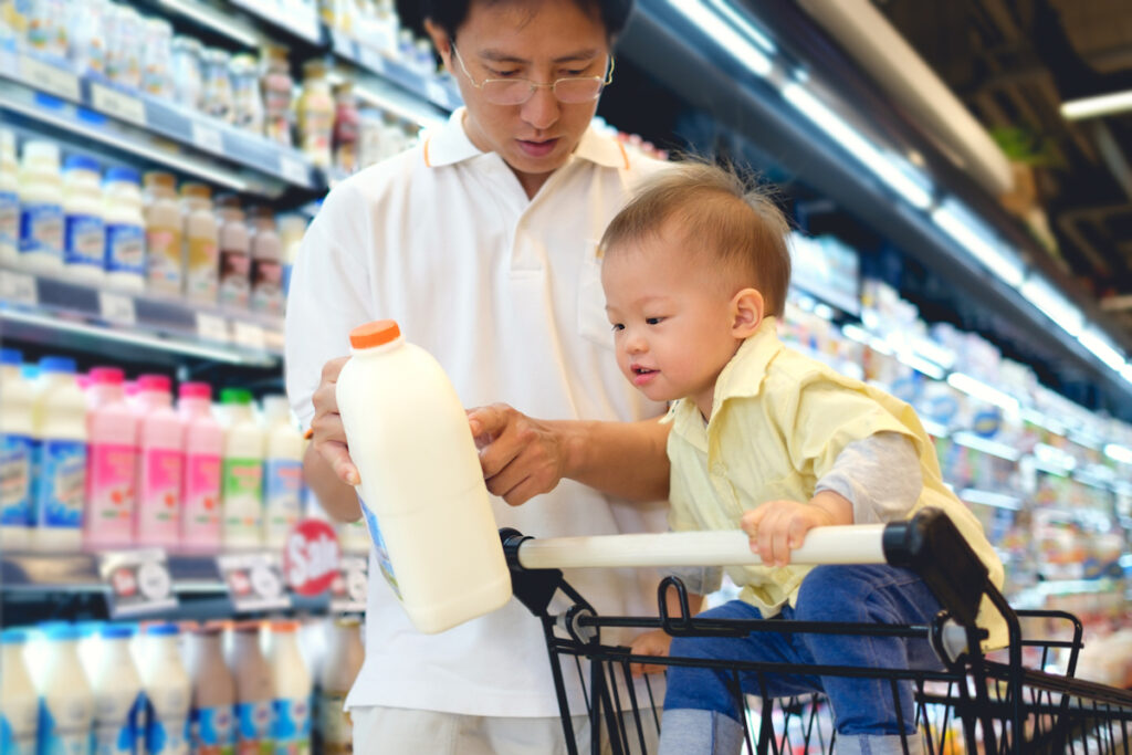 Parent & child examine non-dairy milk