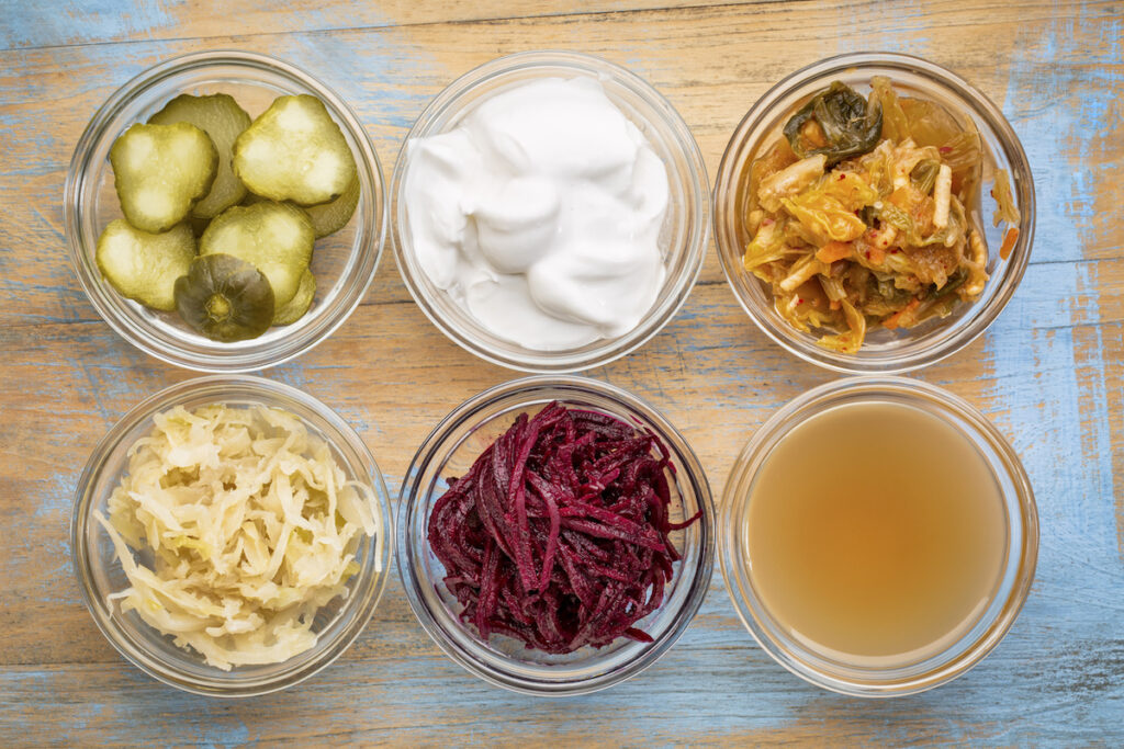 Fermented probiotic foods for kids in glass bowls